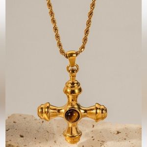 Waterproof Tarnish free gold cross necklace - brown